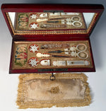 Rare Antique French Napoleon Era Palais Royal Sewing Etui, Box, Mother of Pearl Tools w 18k Gold
