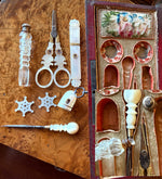 Rare Antique French Napoleon Era Palais Royal Sewing Etui, Box, Mother of Pearl Tools w 18k Gold