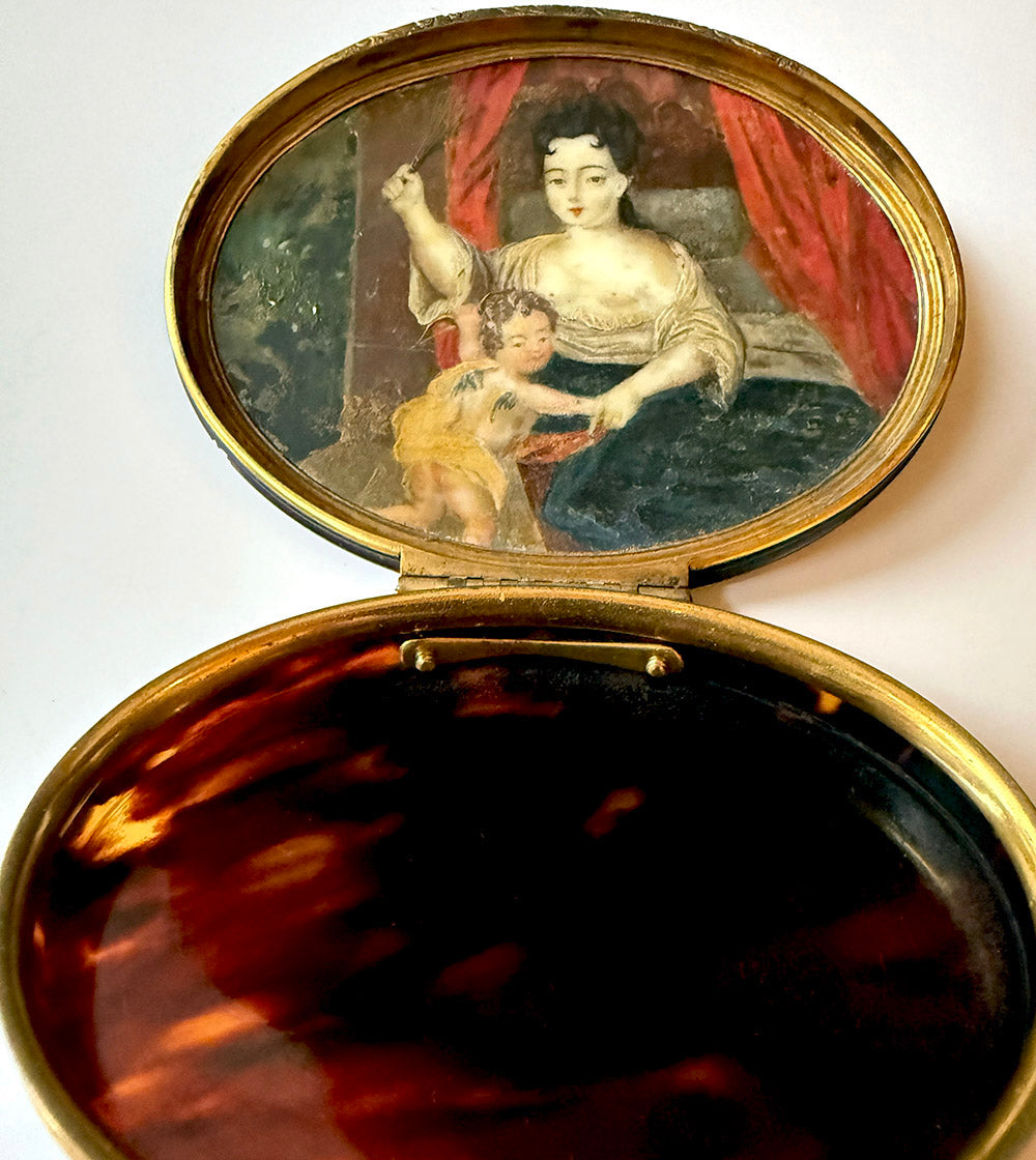 Rare Antique 18th Century French Tortoise Shell Patch or Snuff Box, Oil Painting Interior Bedroom Naughty