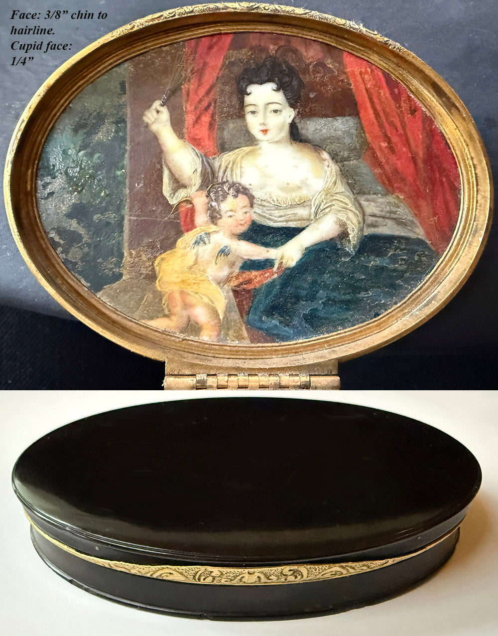 Rare Antique 18th Century French Tortoise Shell Patch or Snuff Box, Oil Painting Interior Bedroom Naughty