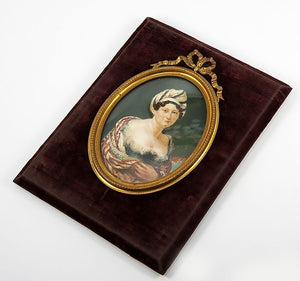 Fine Antique French Portrait Miniature, Fashion & Exotic, Low Bodice, Cashmere Shawl and a Turban Hat LG Frame