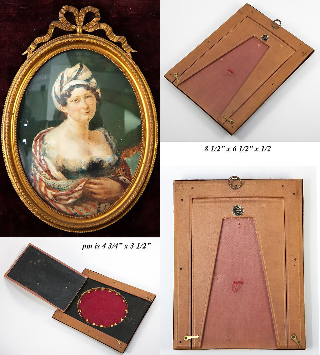 Fine Antique French Portrait Miniature, Fashion & Exotic, Low Bodice, Cashmere Shawl and a Turban Hat LG Frame