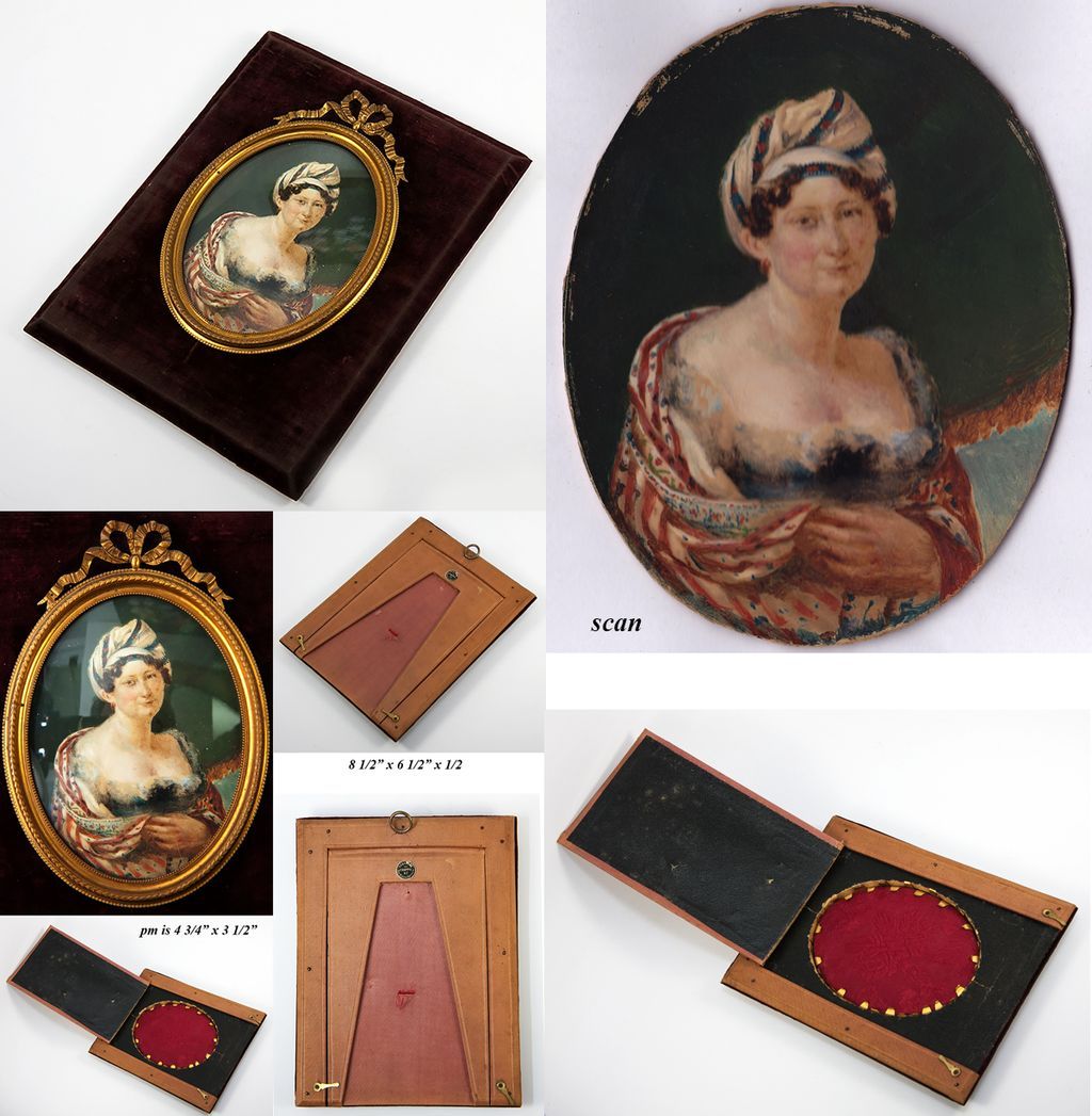 Fine Antique French Portrait Miniature, Fashion & Exotic, Low Bodice, Cashmere Shawl and a Turban Hat LG Frame