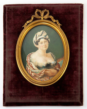 Fine Antique French Portrait Miniature, Fashion & Exotic, Low Bodice, Cashmere Shawl and a Turban Hat LG Frame