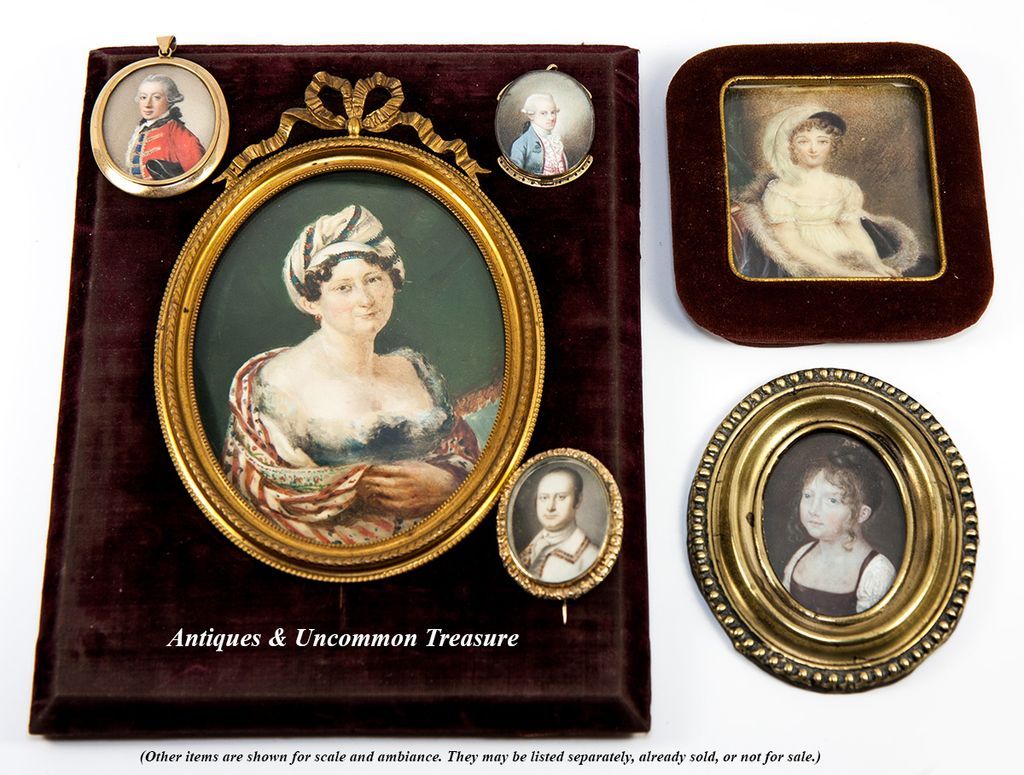 Fine Antique French Portrait Miniature, Fashion & Exotic, Low Bodice, Cashmere Shawl and a Turban Hat LG Frame