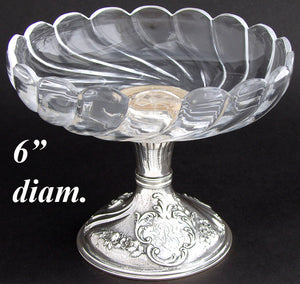 Elegant Antique French Sterling Silver & Baccarat Cut Glass Raised Serving Dish or Compote, 6"