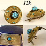 Antique Georgian Era 18th Century 12k Gold and Persian Turquoise Etruscan Style Brooch, Box