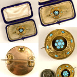 Antique Georgian Era 18th Century 12k Gold and Persian Turquoise Etruscan Style Brooch, Box
