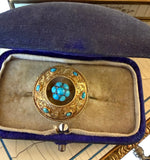 Antique Georgian Era 18th Century 12k Gold and Persian Turquoise Etruscan Style Brooch, Box