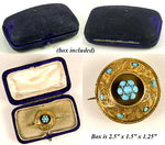 Antique Georgian Era 18th Century 12k Gold and Persian Turquoise Etruscan Style Brooch, Box
