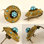 Antique Georgian Era 18th Century 12k Gold and Persian Turquoise Etruscan Style Brooch, Box
