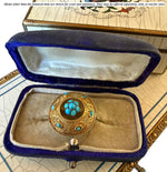 Antique Georgian Era 18th Century 12k Gold and Persian Turquoise Etruscan Style Brooch, Box