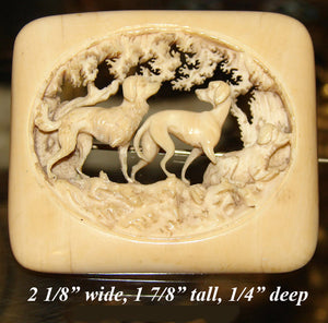 RARE Antique c.1830 to Early Victorian Carved Ivory Brooch w 3 Dogs, Hounds, Landscape