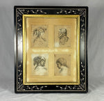 Four Early Copperplate Portrait Engravings in Antique Eastlake Ebonized and Inlaid Frame, 17th Century Prints