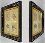 Four Early Copperplate Portrait Engravings in Antique Eastlake Ebonized and Inlaid Frame, 17th Century Prints