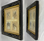 Four Early Copperplate Portrait Engravings in Antique Eastlake Ebonized and Inlaid Frame, 17th Century Prints