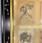 Four Early Copperplate Portrait Engravings in Antique Eastlake Ebonized and Inlaid Frame, 17th Century Prints