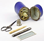 Antique Victorian Era Sewing Etui, Necessaire, Blue Enamel Case and 5 Tools, Likely English