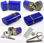 Antique Victorian Era Sewing Etui, Necessaire, Blue Enamel Case and 5 Tools, Likely English