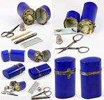Antique Victorian Era Sewing Etui, Necessaire, Blue Enamel Case and 5 Tools, Likely English