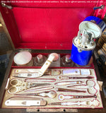 Antique Victorian Era Sewing Etui, Necessaire, Blue Enamel Case and 5 Tools, Likely English