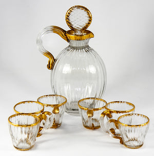 Antique DAUM NANCY French Gilt Trimmed Liqueur Decanter Set, 6 Cordials, Signed