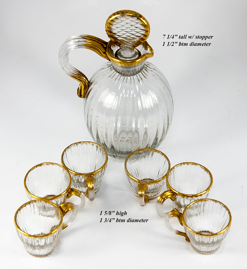 Antique DAUM NANCY French Gilt Trimmed Liqueur Decanter Set, 6 Cordials, Signed