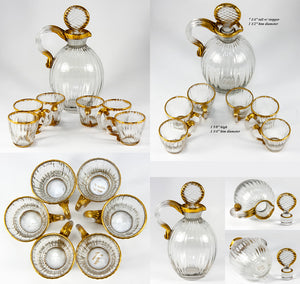 Antique DAUM NANCY French Gilt Trimmed Liqueur Decanter Set, 6 Cordials, Signed