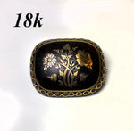 Antique Georgian Mourning Brooch, Tortoise Shell and Silver, 18k Gold Pique
