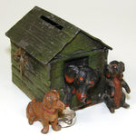 Antique Austrian Bronze Style Cold Painted Coin Box or Piggy Bank, Doghouse with Dog & Puppies