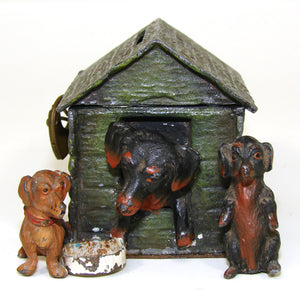 Antique Austrian Bronze Style Cold Painted Coin Box or Piggy Bank, Doghouse with Dog & Puppies