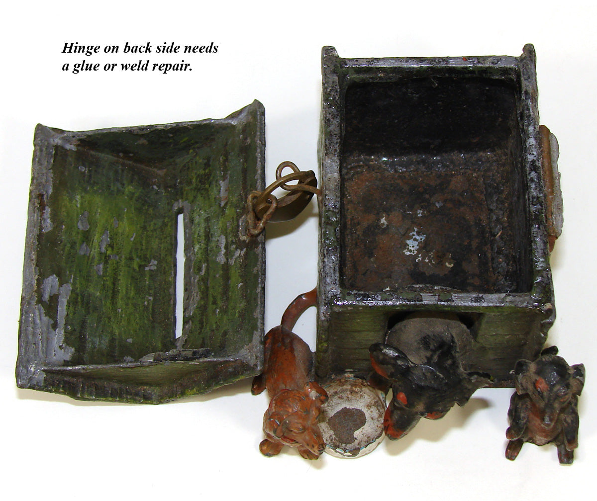 Antique Austrian Bronze Style Cold Painted Coin Box or Piggy Bank, Doghouse with Dog & Puppies