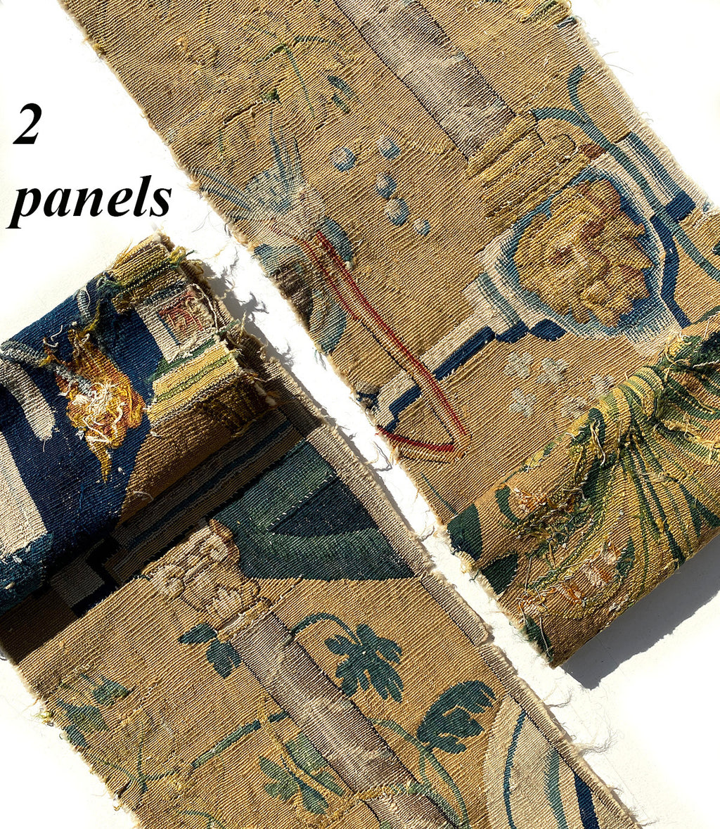 Superb PAIR of 17th Century Aubusson Tapestry Panels 12" x 34-38" to make 2-4 Decorator Pillows