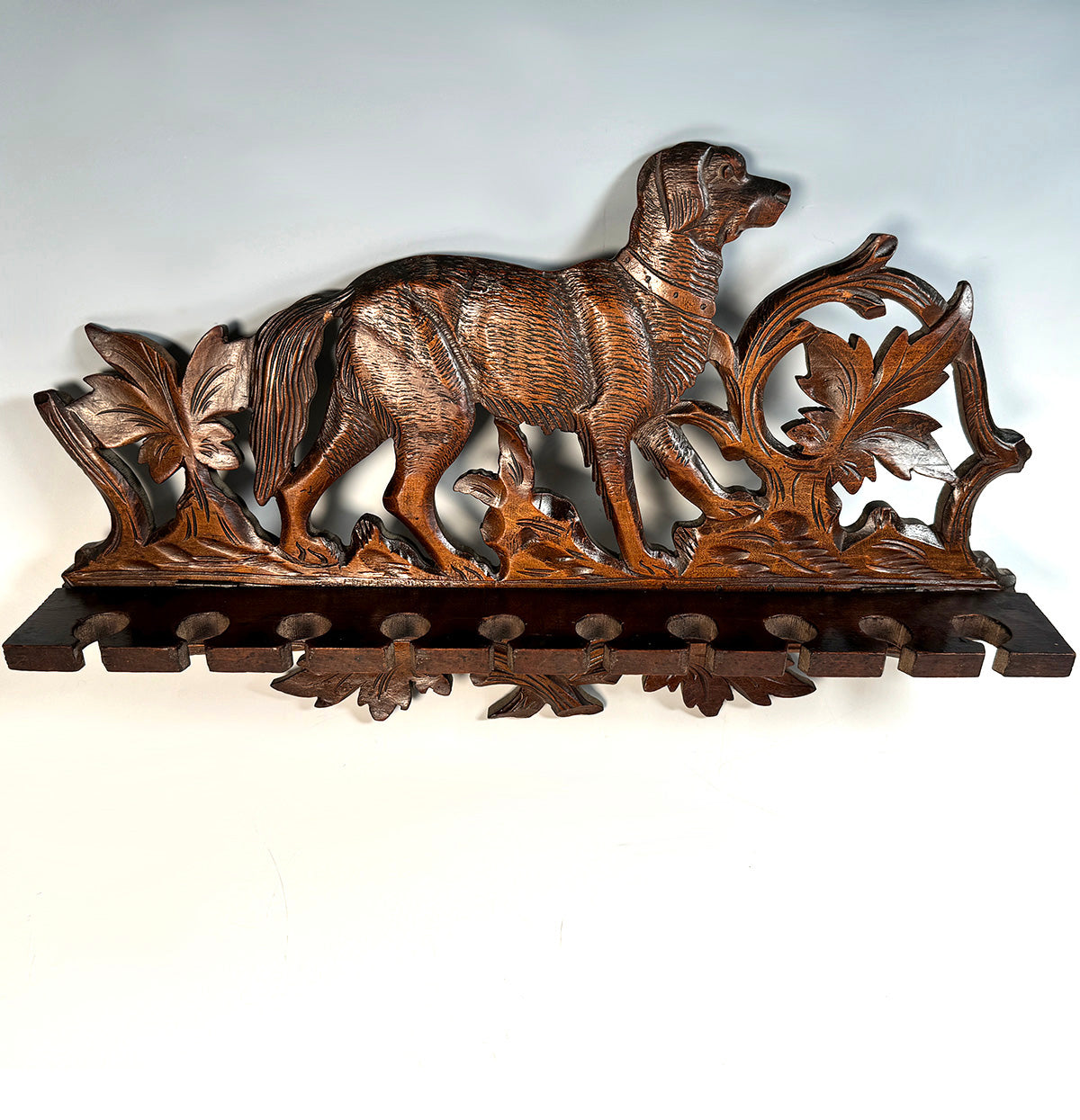 Antique Hand Carved 15.5" Black Forest Plaque, Pipe or Crop Rack with Hunting Dog or Hound