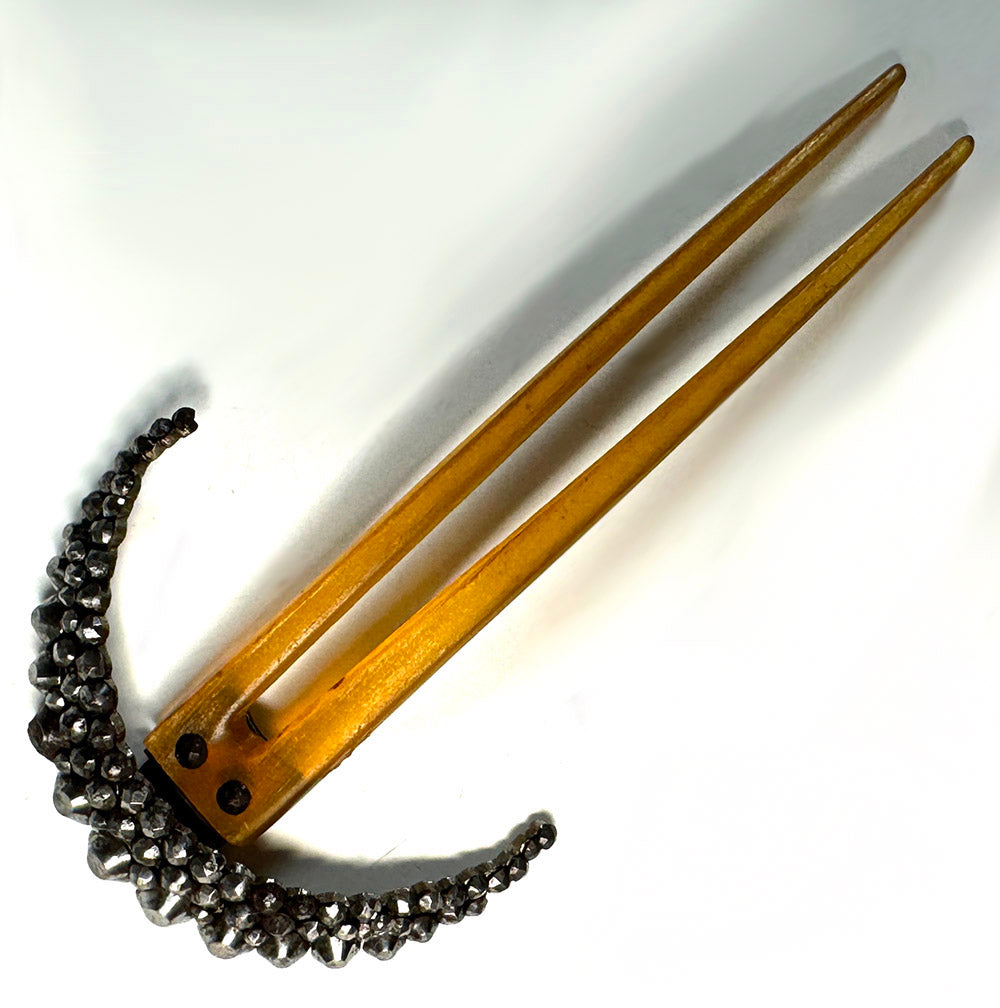 Antique French Cut Steel Hair Ornament, Crescent Tiara, Hinged to Blond Tortoise Shell Comb, c.1820s