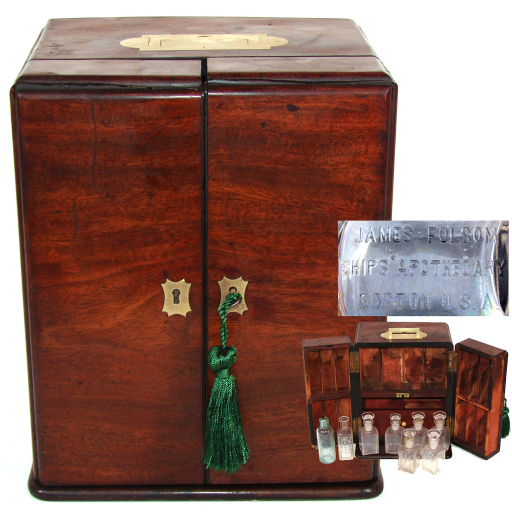 Antique James Folsom Mariner's Apothecary Cabinet in Mahogany Veneers, Many Orig. Bottles