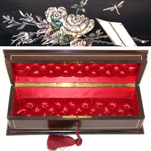 Fab Antique French Napoleon III Era 13" Gloves or Jewelry Box, Casket, Insect & Floral Mother of Pearl Inlay