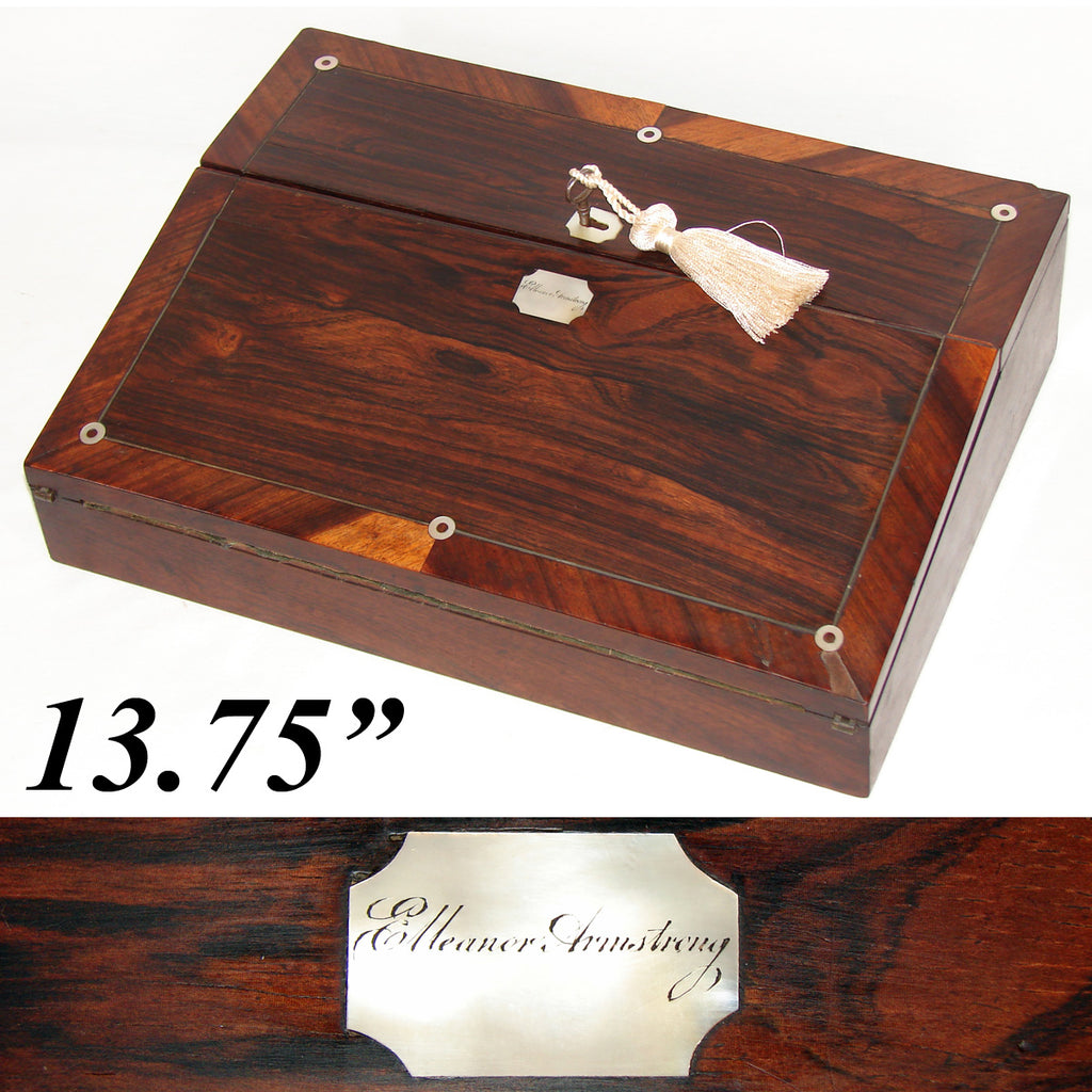 Antique Victorian Era Ecritoire or Writer's Box, Inkwell, Rosewood with "Eleanor Armstrong" Pearl Cartouche