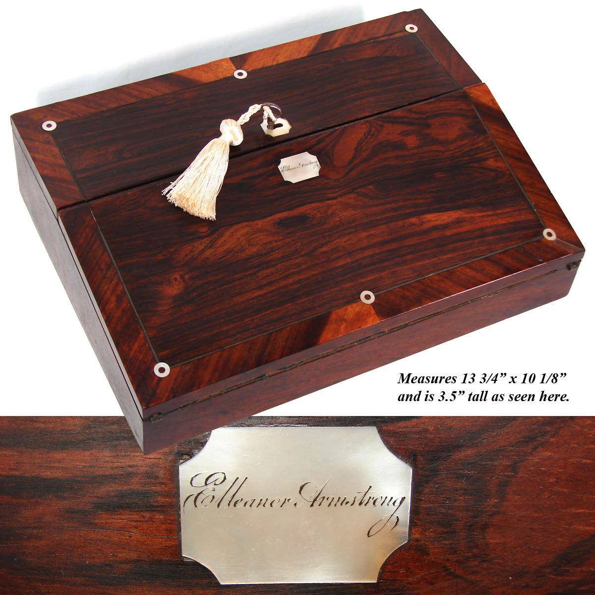 Antique Victorian Era Ecritoire or Writer's Box, Inkwell, Rosewood with "Eleanor Armstrong" Pearl Cartouche