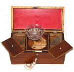 Antique Victorian Era Double Well Tea Caddy, Inner Covered Wells with Glass Mixing Pot