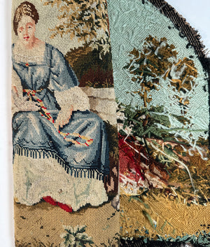 Fine Early 1800s French Petitpoint Needlepoint 18.5" x 15" Figural Panel, Perfect to make Pillow