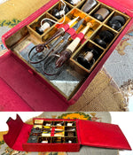Charming Gold Embossed Antique French Sewing Kit, Box, Necessaire, Etui, 6 Rosewood Spools, Complete
