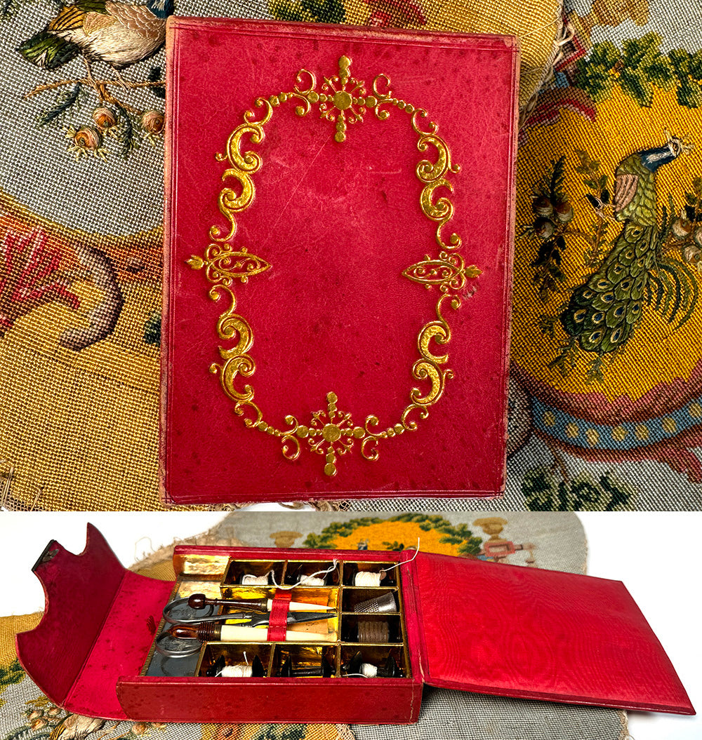 Charming Gold Embossed Antique French Sewing Kit, Box, Necessaire, Etui, 6 Rosewood Spools, Complete