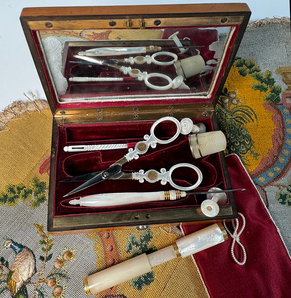 Exceptional Early 1800s French Palais Royal Sewing Etui, Necessaire of Mother of Pearl 18k Gold Tools, Scissors, etc