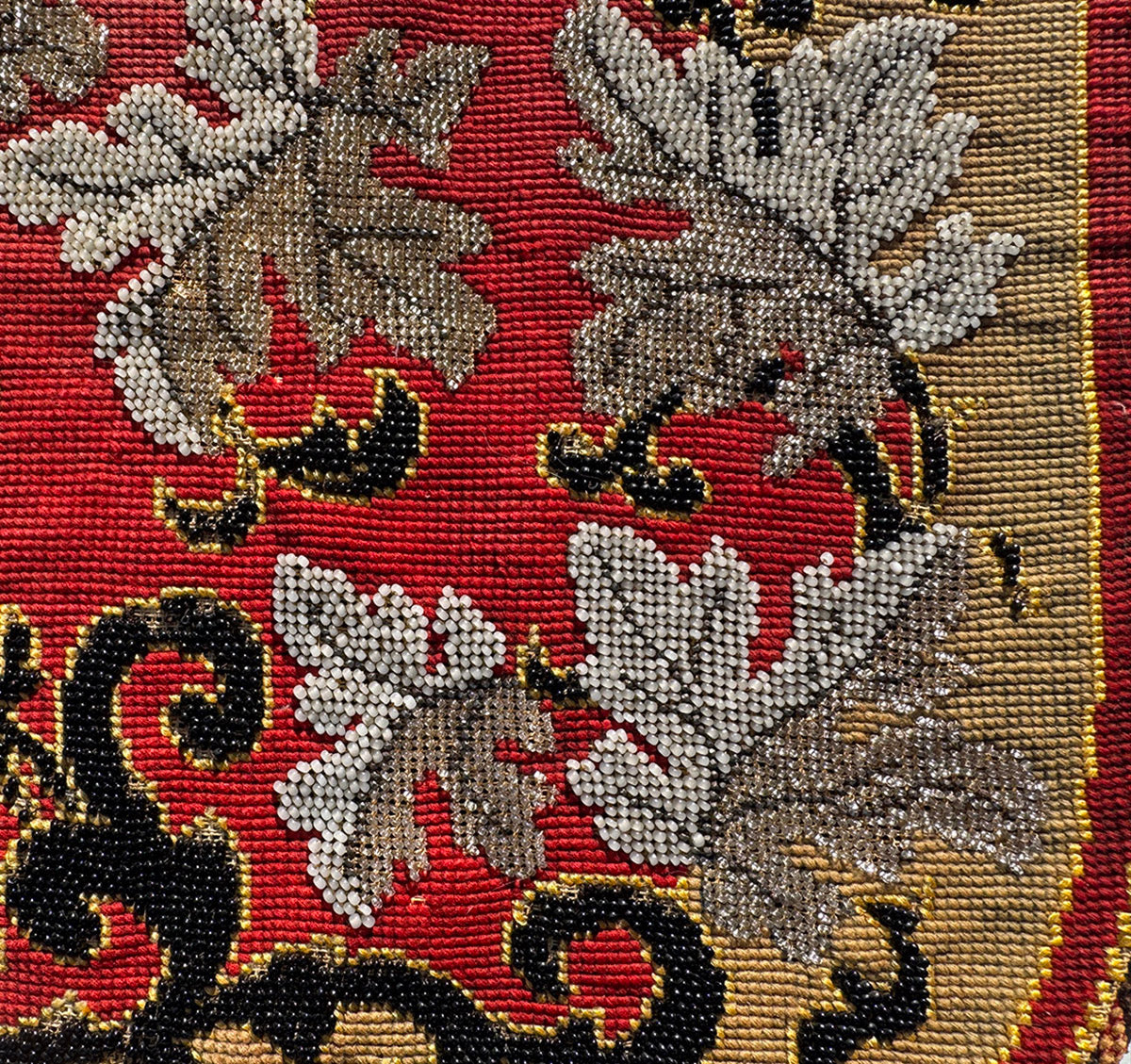 Antique English Victorian Beadwork and Needlepoint Shield Shaped Fire Screen, Panel for Pillow