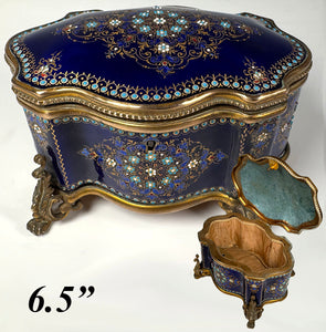 Excellent Large 6.5" Antique French Sevres or Bresse Kiln-fired Enamel Jewelry Box in Rare Navy Blue, Gems