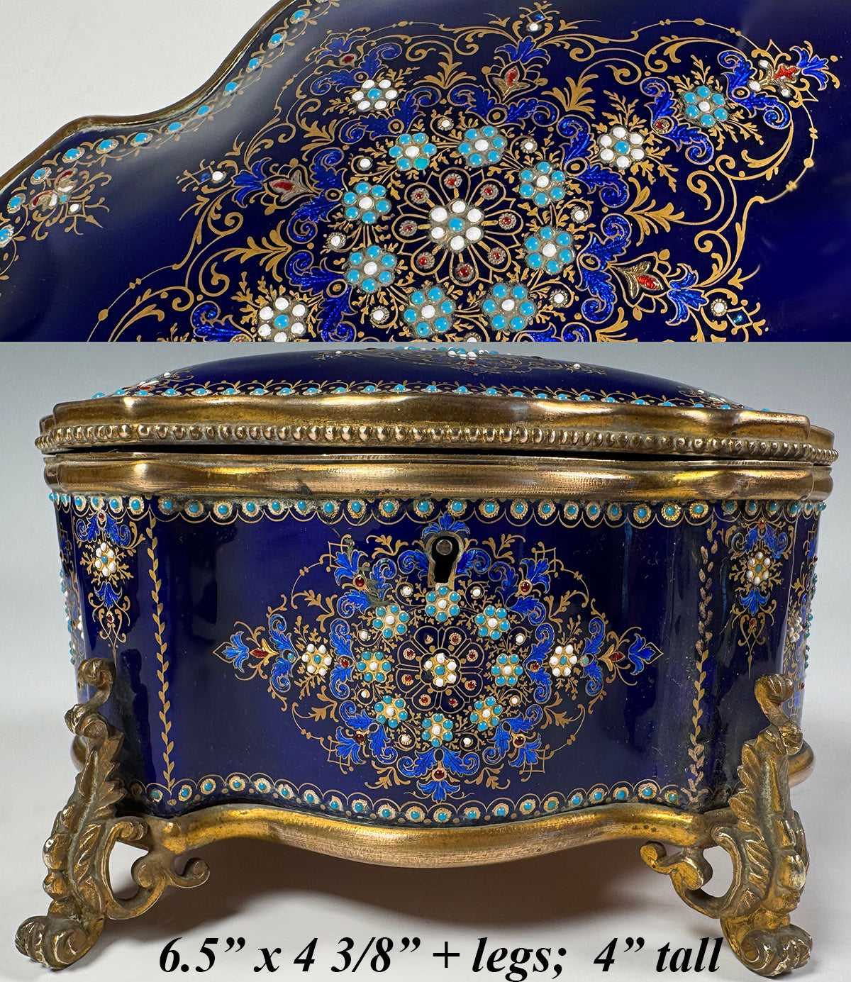 Excellent Large 6.5" Antique French Sevres or Bresse Kiln-fired Enamel Jewelry Box in Rare Navy Blue, Gems