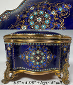 Excellent Large 6.5" Antique French Sevres or Bresse Kiln-fired Enamel Jewelry Box in Rare Navy Blue, Gems