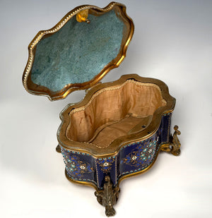 Excellent Large 6.5" Antique French Sevres or Bresse Kiln-fired Enamel Jewelry Box in Rare Navy Blue, Gems