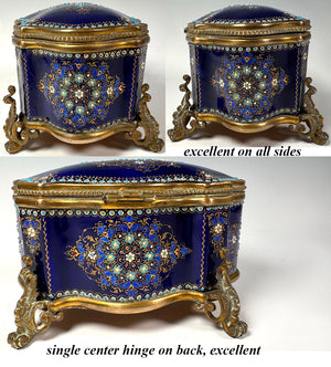 Excellent Large 6.5" Antique French Sevres or Bresse Kiln-fired Enamel Jewelry Box in Rare Navy Blue, Gems